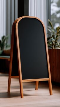 A simple wooden sign board stands in a well-lit space surrounded by green plants
