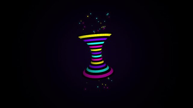 Abstract colorful neon glowing 3D hourglass shape rotating with floating particles on dark background animation.