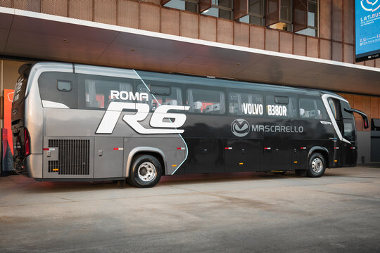 Mascarello Roma R6 Volvo B380R Euro 6 bus on display at a transportation exhibition.