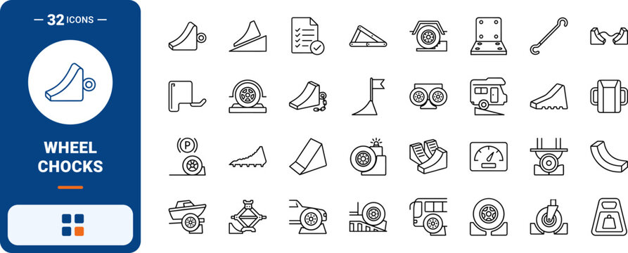 Wheel chock wedge line icon set. Vector pictograms of tire, block, vehicle, and safety elements, thin linear illustration.