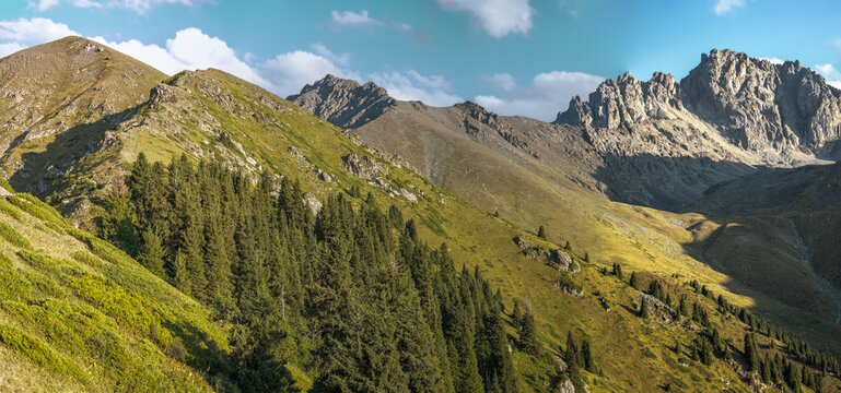 Landscape KZ, mountain, trees, green, stones, peak, blue,, clubs, forester 