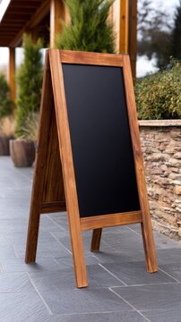 A wooden easel stands on a stone surface, surrounded by greenery in a well-lit outdoor space