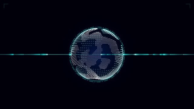 Abstract futuristic digital globe rotating with glowing dots, scanning line and HUD elements on dark background.
