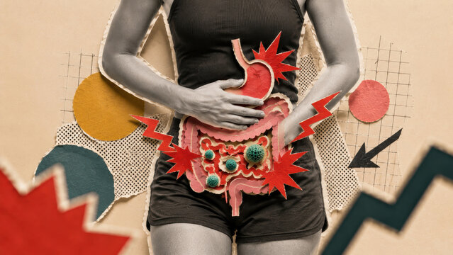 Stomach bug misery, a woman with abdominal pain illustrating gastroenteritis, cramps, digestive discomfort and food poisoning symptoms