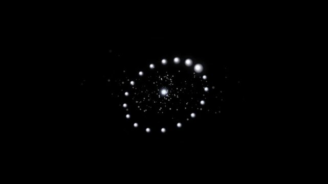 Abstract glowing white dots rotating in an orbital ring with center particles on black background animation.