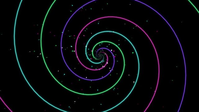 Hypnotic colorful neon spiral lines rotating with glowing particles on dark background animation