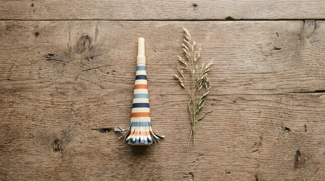 Party Noise Maker and Dried Grass on Rustic Wood Surface