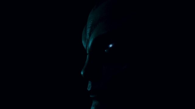Alien face in profile as blue light brightens against black background