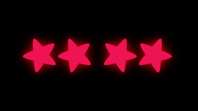 Animated four ruby red stars rating icon on black background, customer satisfaction review concept, product quality evaluation symbol, glowing 3D motion graphic, seamless 4K video animation