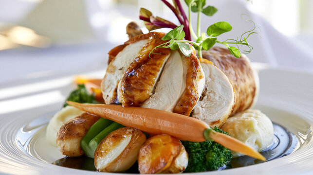 Roasted chicken served with golden skin, accompanied by carrots, broccoli, green beans, and mashed potato for a fine dining meal