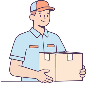 Male delivery man courier holding cardboard parcel box express shipping vector illustration