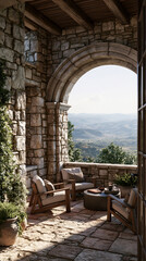 Fototapeta premium Mediterranean stone arch patio overlooking a valley