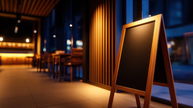 An inviting indoor caf&eacute; setting with warm lighting illuminating wooden elements and a chalkboard