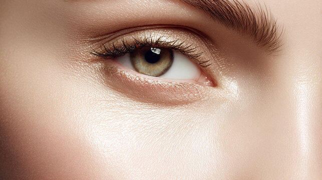 Female eye with perfectly applied makeup, golden eyeshadow, long dark eyelashes, and clear skin around the eye