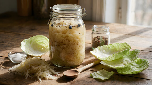 Homemade fermented sauerkraut in a glass jar with fresh cabbage, caraway seeds, and juniper berries on a rustic wooden table