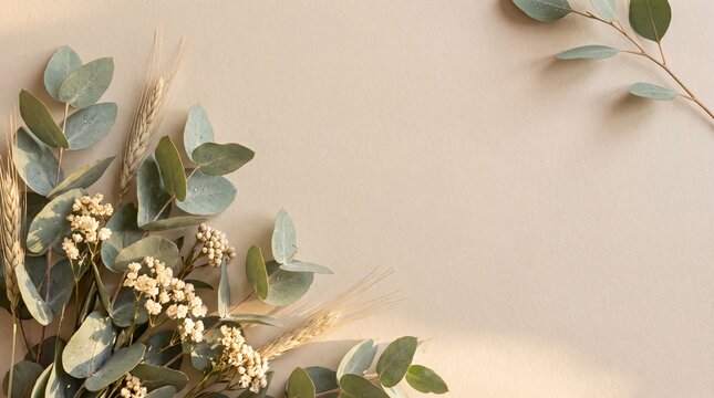 Minimalist eucalyptus background with dried flowers, elegant botanical flat lay on beige paper, copy space for wedding invitation