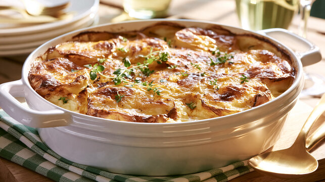 Scalloped potatoes baked in a white casserole dish, featuring golden brown cheesy crust and fresh thyme sprigs on a rustic table