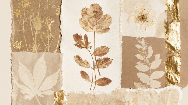 Vintage Botanical Collage with Pressed Flowers and Torn Paper