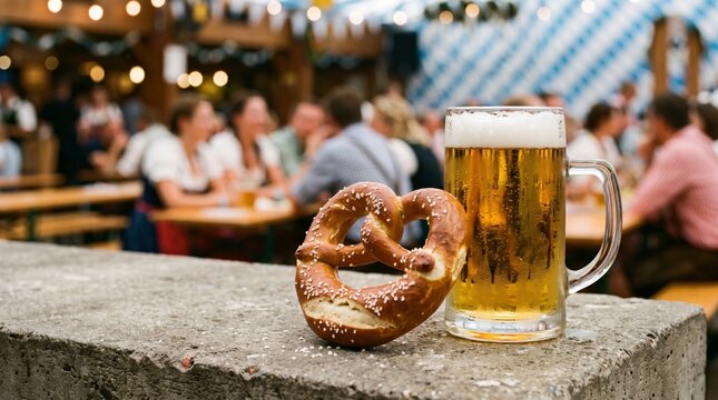 Fresh salted pretzel beside a cold glass of golden beer at a busy and lively traditional Oktoberfest venue