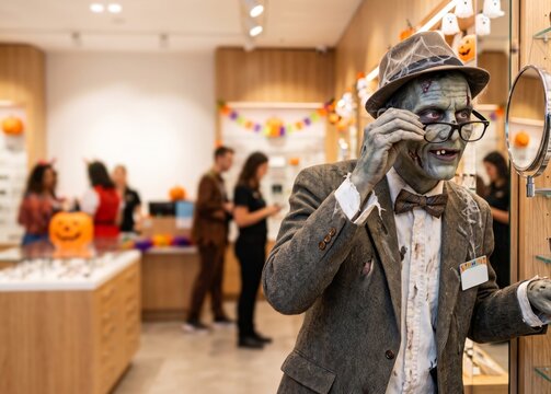 Funny zombie in an elegant suit trying on eyeglasses inside an optical store decorated for Halloween