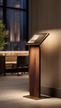 A modern wooden stand holding a digital display is illuminated in a stylish indoor environment