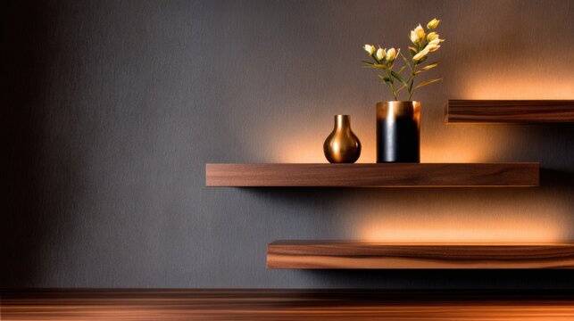 Elegant wooden shelves display a golden vase and black container with flowers against a dark wall