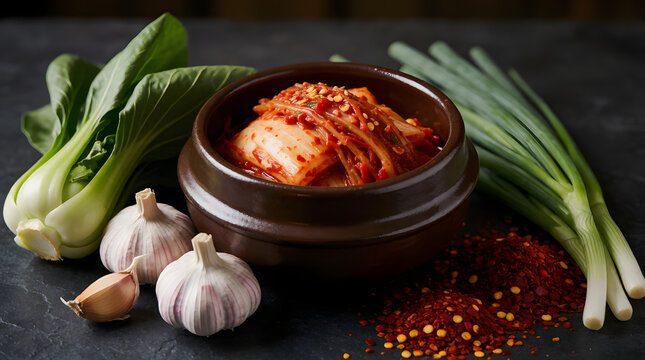 Colorful Korean kimchi in a traditional ceramic pot with red pepper flakes, garlic, and fresh bok choy on a dark table