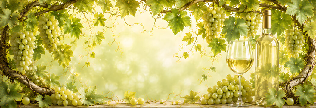 White Wine Bottle and Glass framed by Green Grape Vines