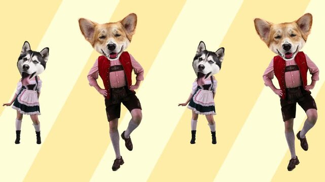 Corgi and husky headed dancers form repeating pattern in traditional costumes. Concept of humorous pets, Oktoberfest celebration, folk dance and party content.