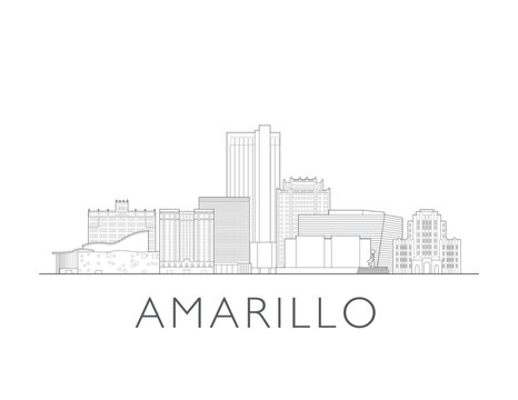 Amarillo skyline, Texas. Urban cityscape with landmarks and monuments. Hand drawn line art digital skyline illustration.