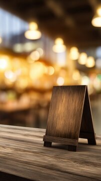 A wooden sign stand on a rustic table with a blurred warm-lit caf&eacute; background
