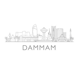 Obraz premium Dammam skyline, Saudi Arabia. Urban cityscape with landmarks and monuments. Hand drawn line art digital skyline illustration.