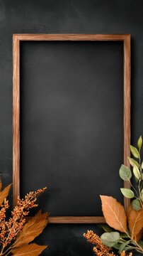 A wooden frame surrounds a dark background, adorned with autumn leaves and foliage