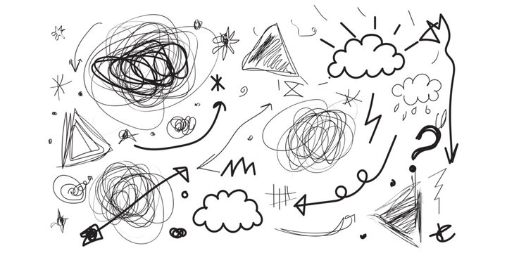 Chaotic hand drawn doodles and scribbles representing confusion and creative thinking