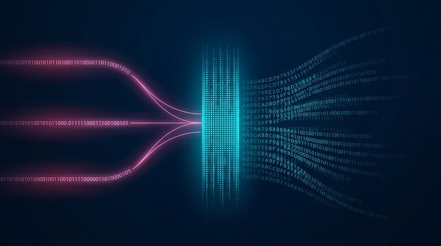 Futuristic glowing binary code flowing through a digital firewall filter representing cyber security protection data stream processing and advanced information technology networks