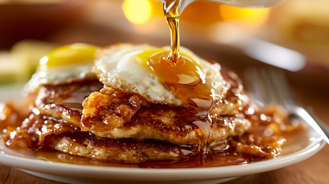 Stack of delicious pancakes topped with fried eggs and pouring syrup