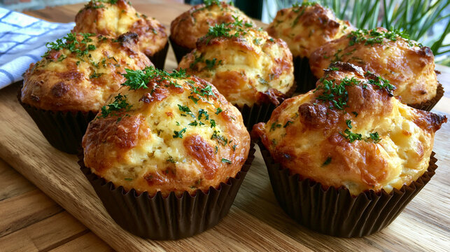 Golden savory muffins arranged on a rustic table