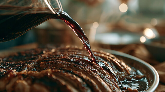 Juicy roasted meat slice being glazed with dark savory sauce pouring sauce cooked meat