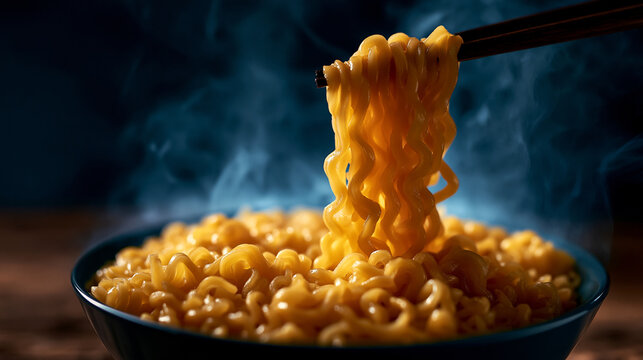 Steaming hot ramen noodles in bowl lifted with wooden chopsticks soup bowl steaming foo