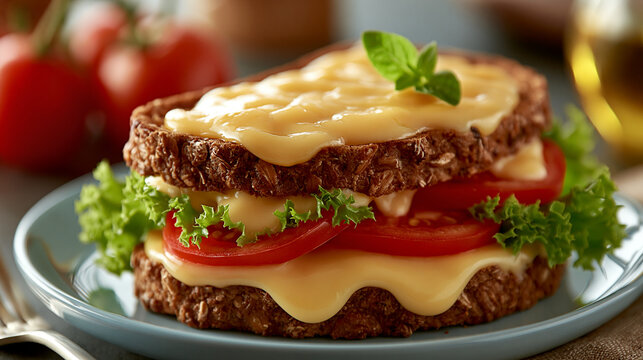 Grilled cheese sandwich with melted cheese, fresh tomatoes, and lettuce on dark bread