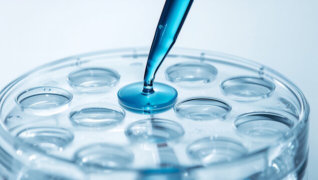 Blue liquid dropping from a pipette into a multi-well laboratory plate