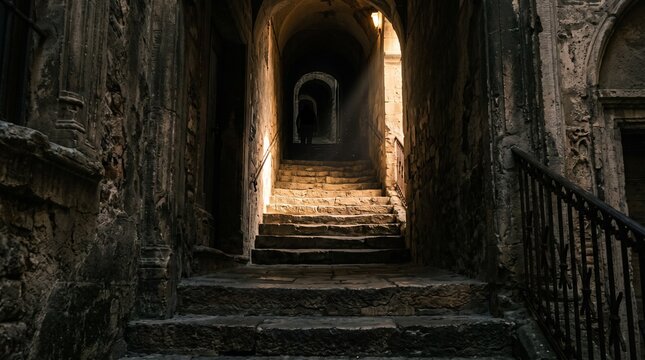 Historic European stone staircase disappearing into a narrow architectural passage, intense sunlight illuminating only part of the stairs, deep surrounding shadows, aged walls with visible texture