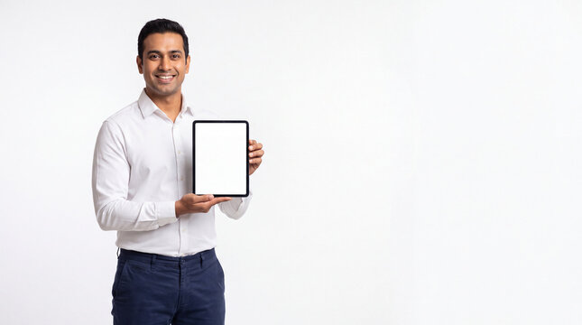 Indian Man in White Shirt Showing Blank Tablet Screen on White Background
