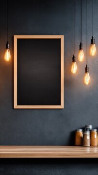 A minimalist setting featuring a wooden frame with empty space and pendant lights above