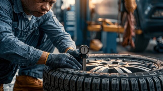 Mechanic checks tire tread depth with gauge