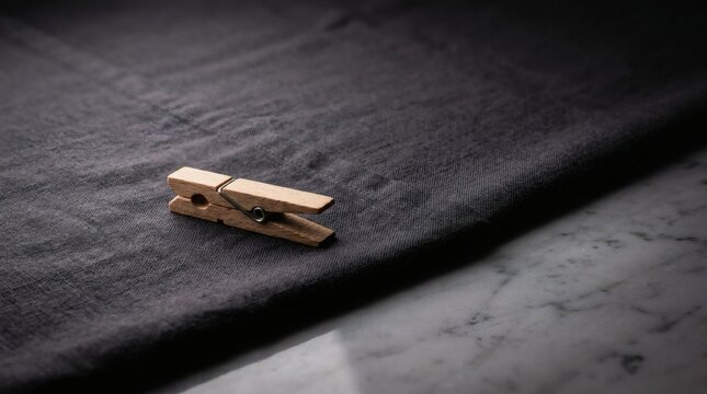 Minimalist wooden clothespin on black linen fabric, rustic laundry peg on dark textile background, elegant still life of household object