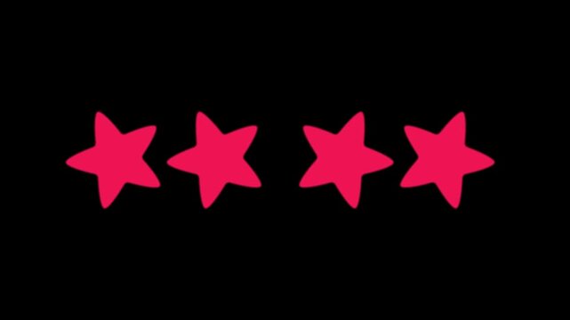 Four star rating animation featuring glowing ruby red stars on black background, customer feedback and product review concept, premium 3D rating icon, seamless 4K motion graphics video