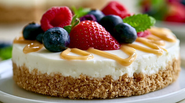 Cheesecake with graham cracker crust caramel drizzle and fresh berries
