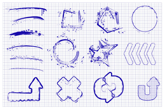 Various shapes and lines in blue on a grid pattern background