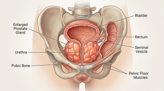 Cross-section diagram of male pelvis with enlarged prostate